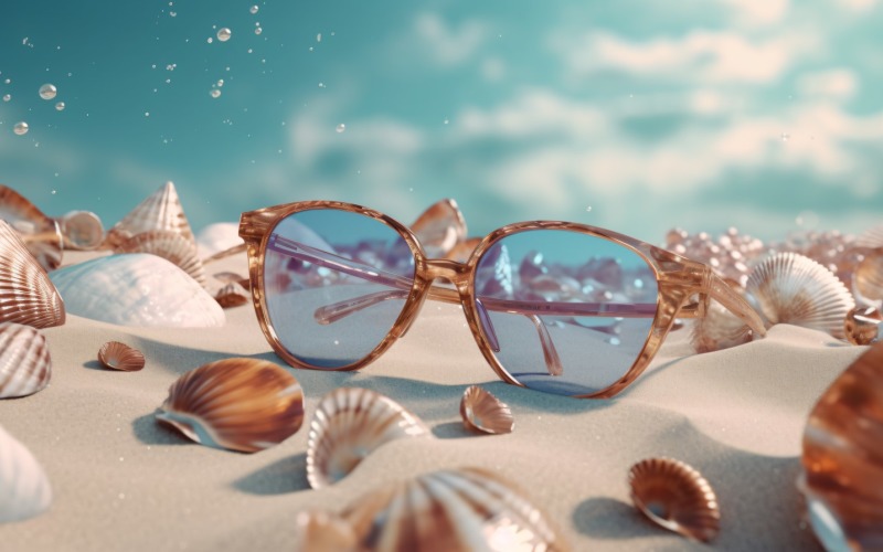 Пляжные солнцезащитные очки и ракушки, падающие на летний фон 324