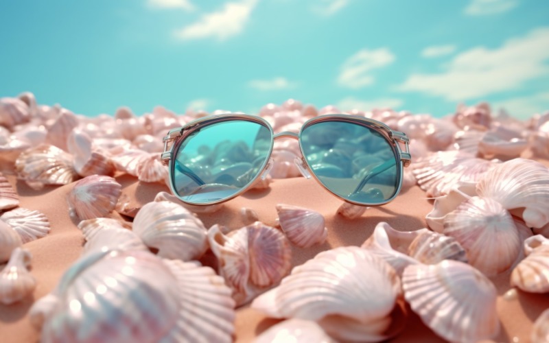 Plażowe okulary przeciwsłoneczne i muszle spadające na letnie tło 319
