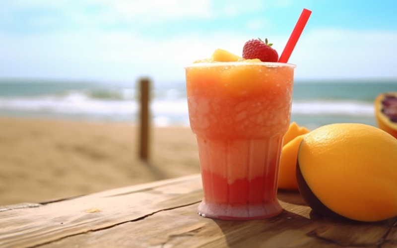 Praia de areia de verão com bebida gelada de frutas 351