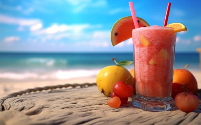 Praia de areia de verão com bebida gelada de frutas 353