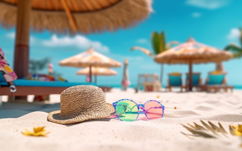 Praia tropical com acessórios para banhos de sol, férias de verão 387