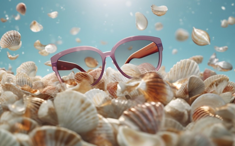 Strandzonnebril en schelpen vallende zomerachtergrond 327