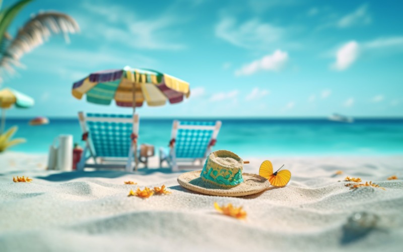 Tropikalna plaża z akcesoriami do opalania, wakacje 382