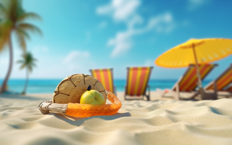 Tropikalna plaża z akcesoriami do opalania, wakacje 388