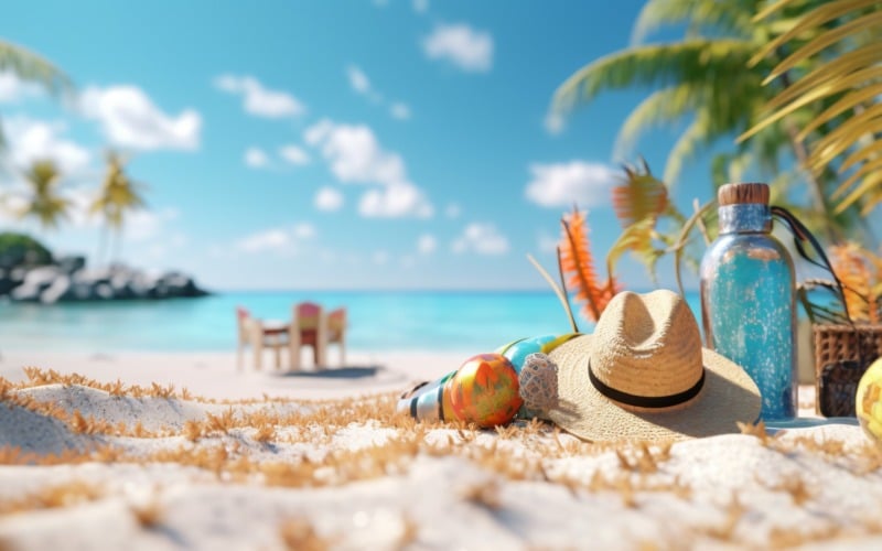 Tropischer Strand mit Sonnenbaden Zubehör, Sommerurlaub 391