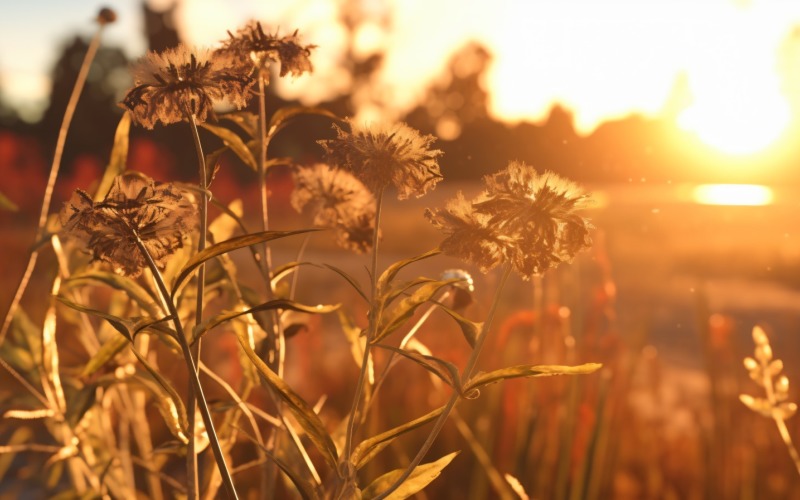 Nyári szabadtéri naplemente napsütéses napja a barna száraz növény mögött 491