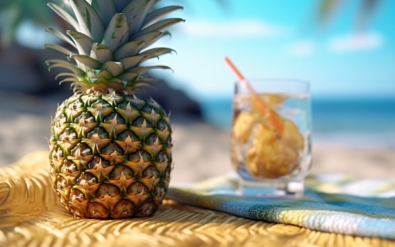 Pineapple drink in cocktail glass and sand beach scene 418