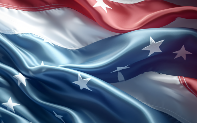 Zbliżenie machającej flagi USA w rogu z miejscem na kopię 48