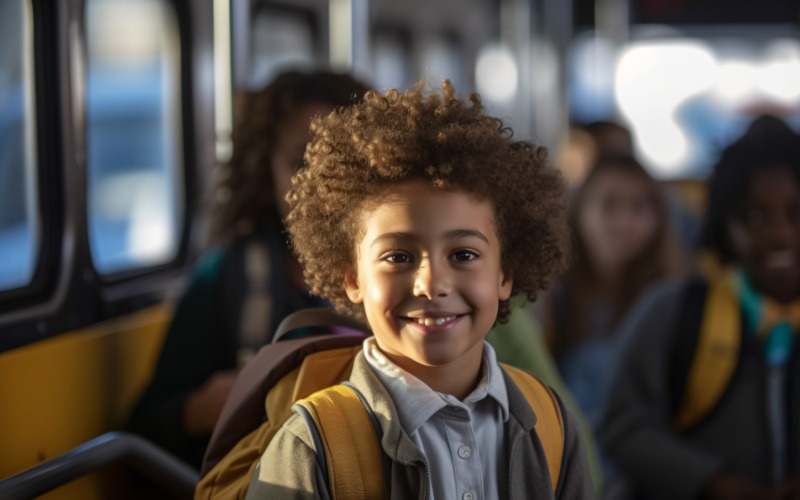 Dzieci w pośpiechu szkolnym, plecaki i przejażdżki autobusem 53