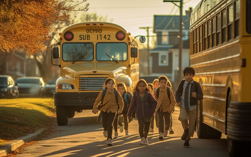 Enfants pressés à l’école, sacs à dos et trajets en bus77