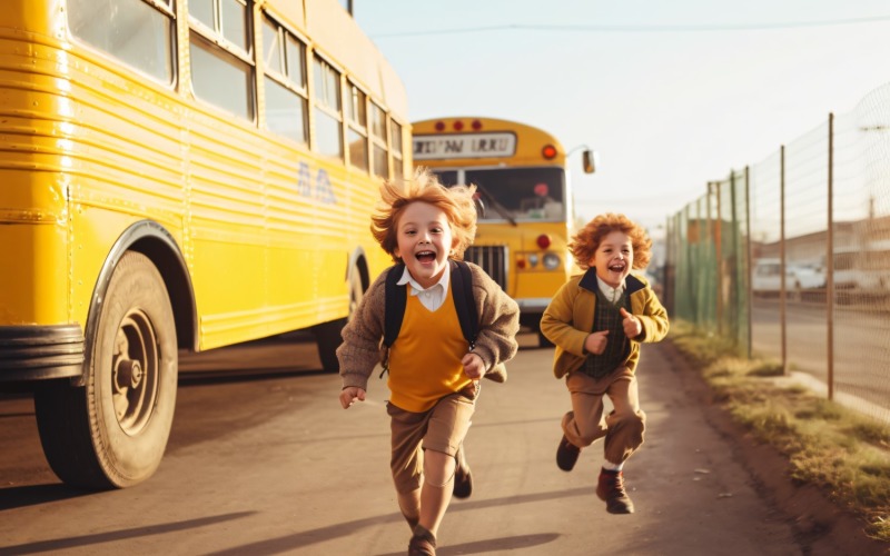 Crianças correndo em direção à escola, ônibus amarelo atrás do visto 297