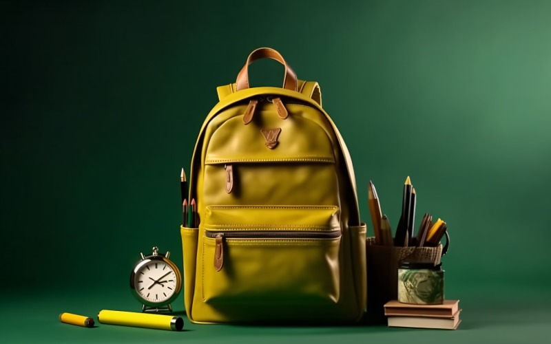 Gelber Rucksack mit Uhr und Schulsachen 168