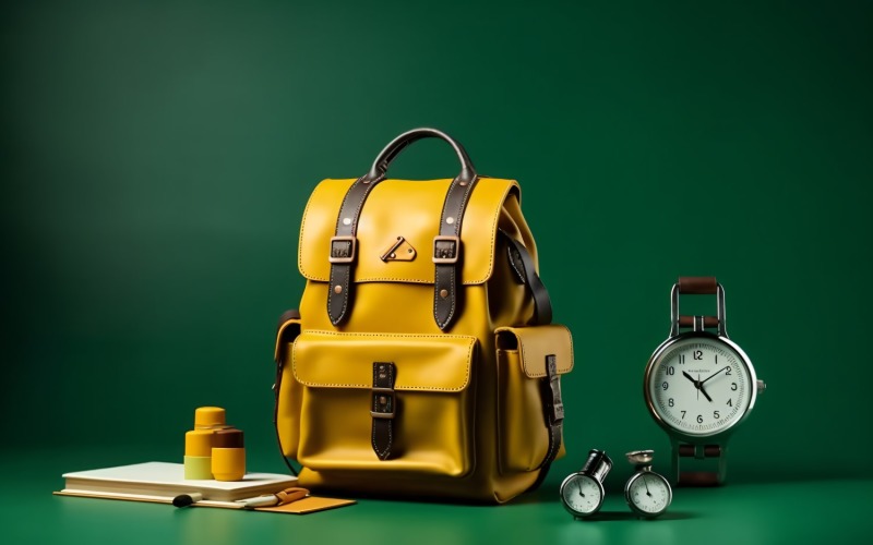 Żółty Plecak z zegarem i przyborami szkolnymi 160