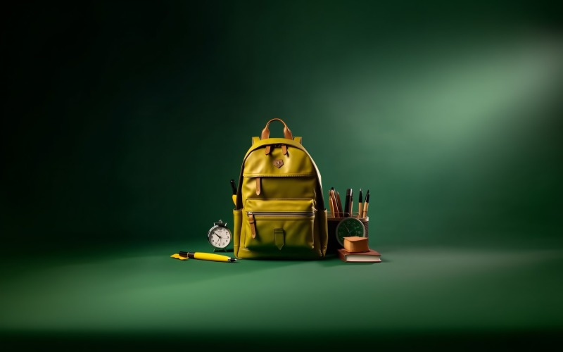 Żółty Plecak z zegarem i przyborami szkolnymi 170