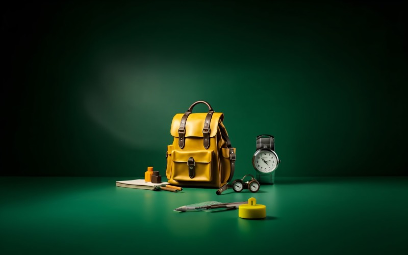 Żółty Plecak z zegarem i przyborami szkolnymi 175
