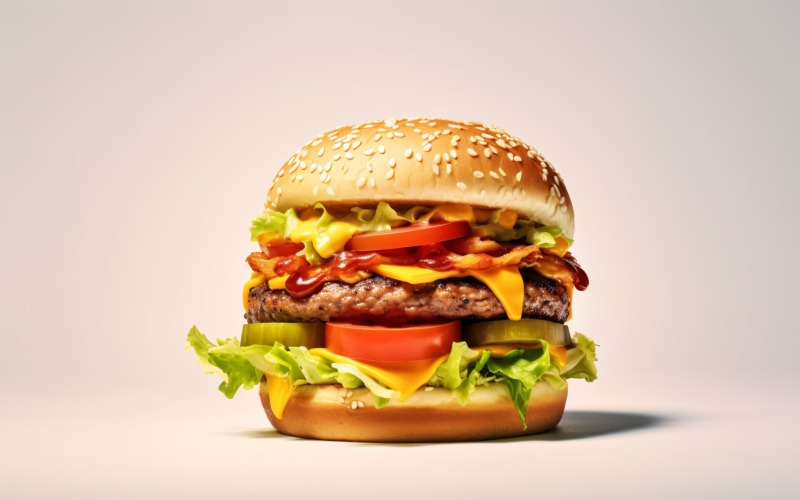 Bacon burger with beef patty, on white background 32