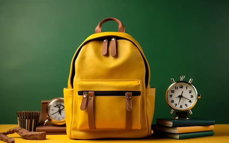Mochila amarela com relógio e material escolar 1992