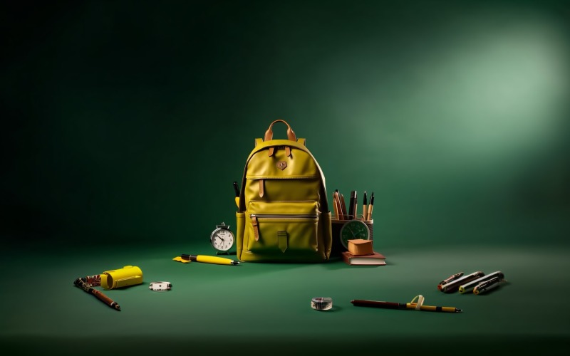 Sac à dos jaune avec horloge et fournitures scolaires 189