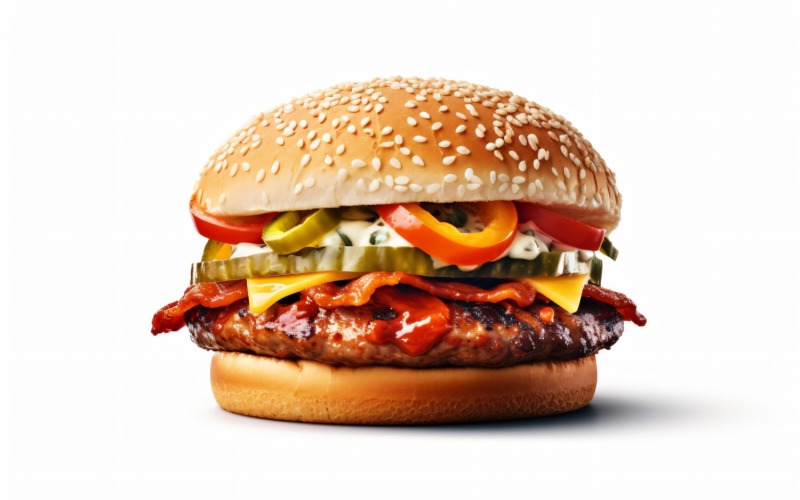 Hambúrguer de bacon com hambúrguer de carne, sobre fundo branco 61