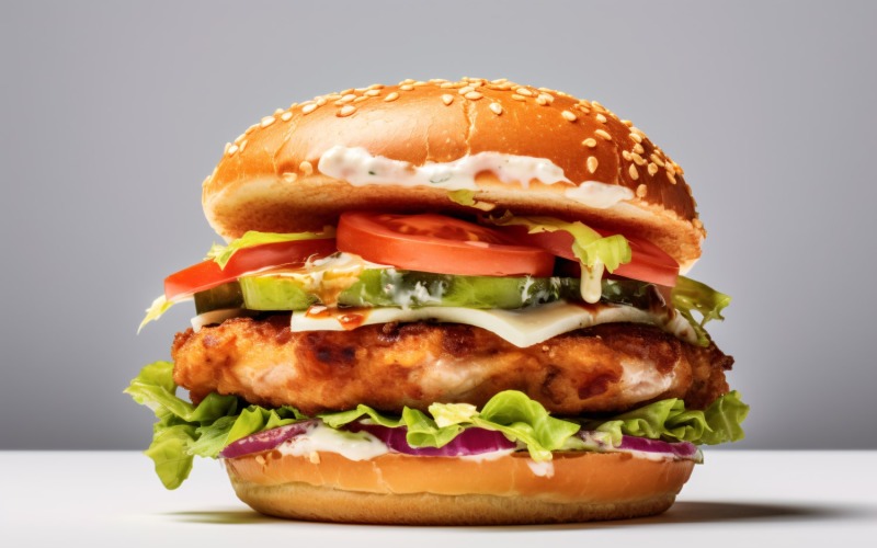 Хрустящий бургер с курицей и рыбой, на белом фоне 83