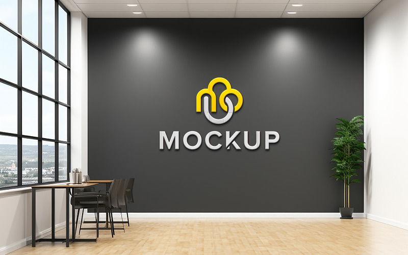 Close up 3d indoor black wall logo mockup with brown floor psd