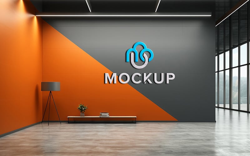 Minimal duvar iç mekan maketi Şirket iç mekan duvar logosu maketi Gerçekçi 3d logo maketi