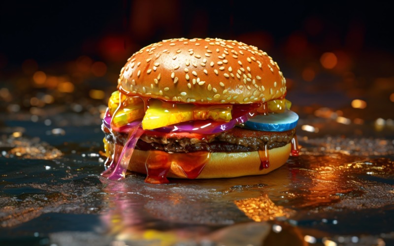 Horký hamburger s hovězí placičkou na dřevěném stole s ohněm 54