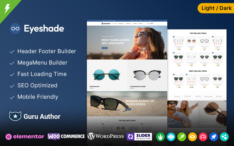 EyeShade - Lunettes de vue, lunettes et vêtements pour les yeux Thème Elementor WooCommerce