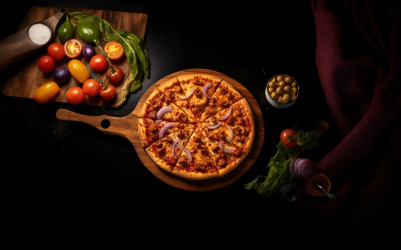 Pizza de frango com churrasco realista Flatlay 31