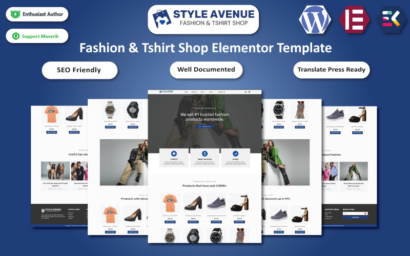 Style Avenue - Modelo WordPress Elementor para loja de moda e camisetas