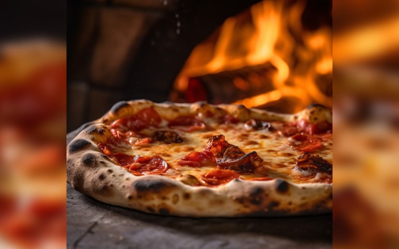 Ateşin önünde pizza taşının üzerinde Pepperoni Pizza 44