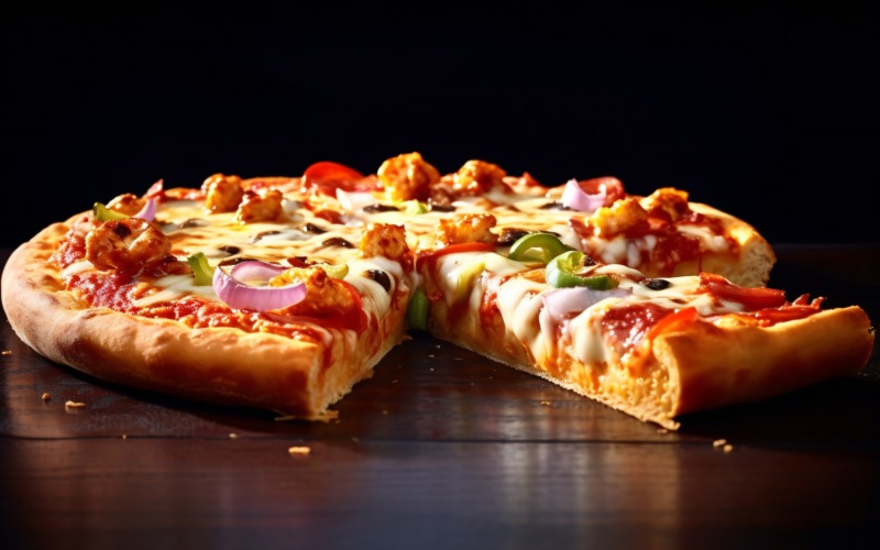 BBQ Chicken Pizza mit Mozzarella-Käse auf Tisch 35