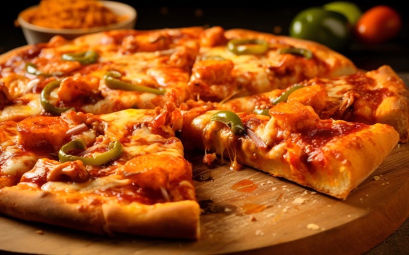 Ein Stück der heißen BBQ-Hähnchenpizza mit dem Pizzaheber nehmen 36