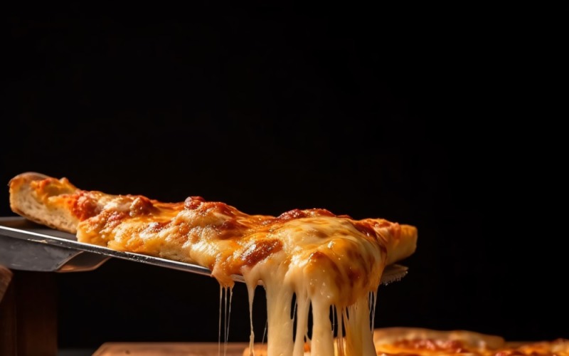 Ein Stück heiße Käsepizza mit dem Pizzaheber auf dem Tisch 10 nehmen