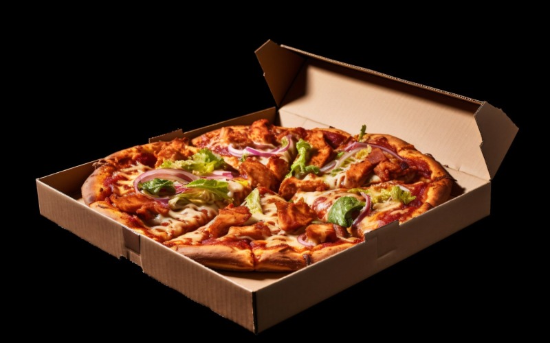 Open kartonnen pizzadoos Realistische BBQ Chicken Pizza 14
