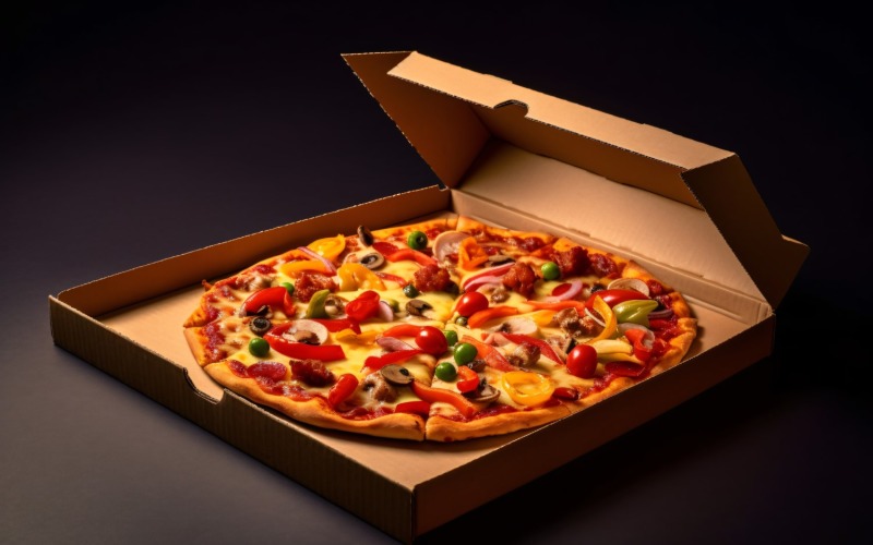 Open kartonnen pizzadoos Realistische vegetarische pizza 12