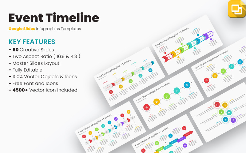 Infográficos da linha do tempo do evento Modelos do Google Slides