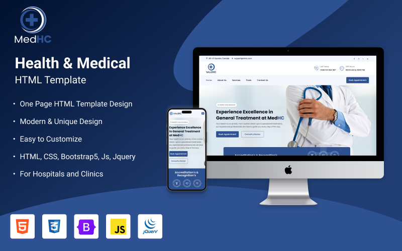MedHc – Zdravotní a zdravotnická Jednostránková citlivá webová šablona Bootstrap