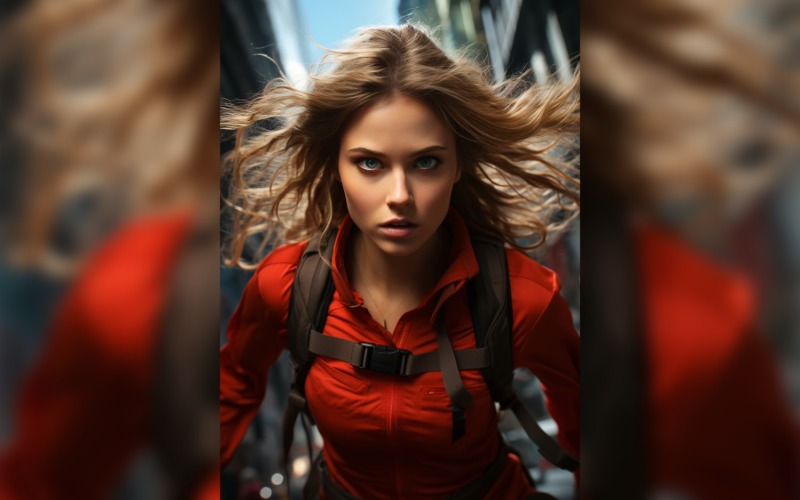superhrdinka v červených šatech a běžící po městské ulici 10