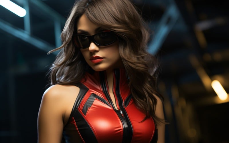 Young female superhero model standing in city street 96