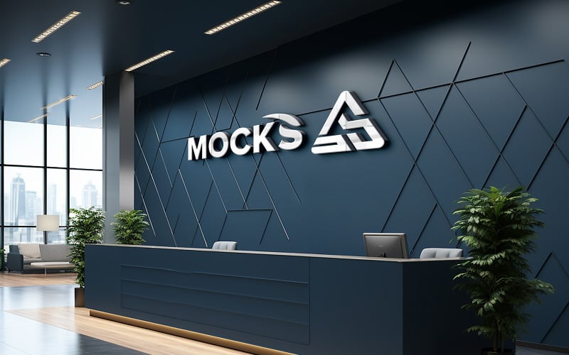 Blauwe muur logo mockup in kantoor of hotel receptie met computer
