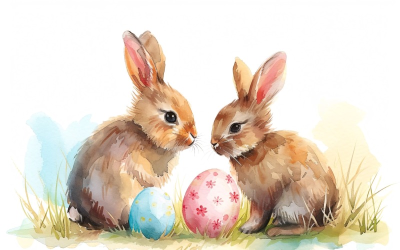 Akvarell húsvéti nyuszik színes húsvéti tojásokkal 8