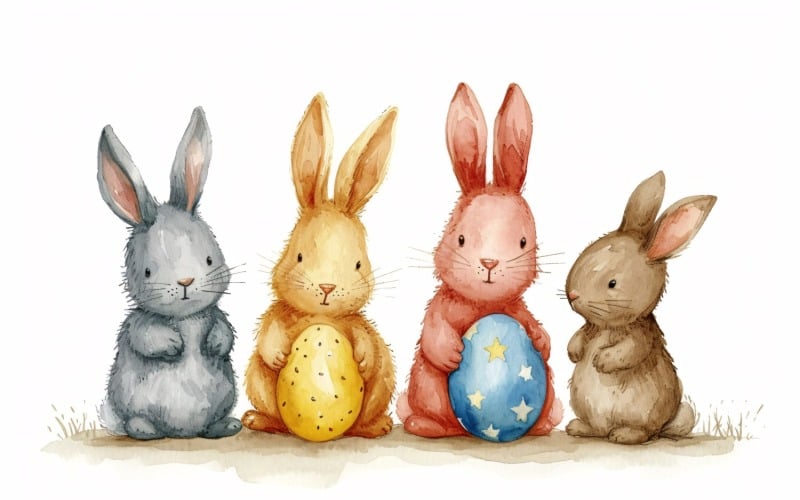 Akvarelové velikonoční zajíčci s barevnými velikonočními vejci 14