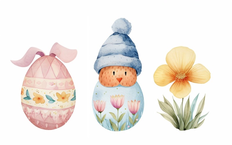 Oeufs décoratifs avec un chapeau sur les yeux près d'un œuf de Pâques géant 122