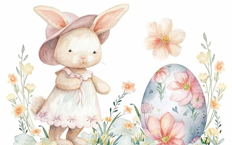 Watercolour Easter Bunnies With Colourful Easter Egg 146