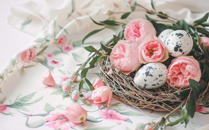 Easter decoration with flowers and eggs in birds nest 219