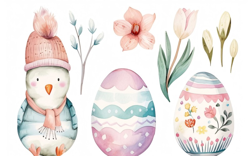 Renkli Suluboya Dekoratif Paskalya Yumurtası ve Bahar Çiçeği 182