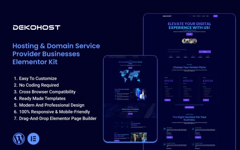 Dekohost - Kit de plantillas Elementor para proveedores de servicios de alojamiento y dominio