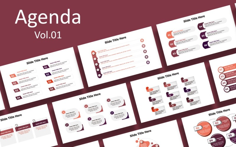 Infografica sulle diapositive dell'agenda aziendale: 5 varianti di colore, pronte per l'uso