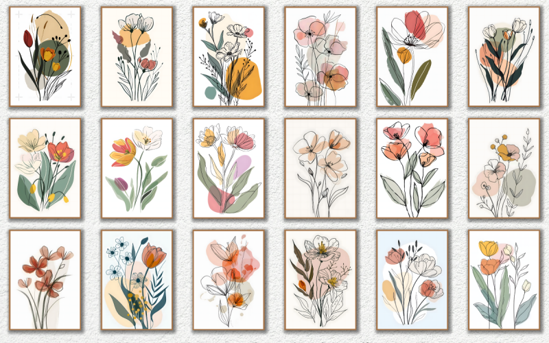 Minimalistisches Blumen-Lineart-Wandposter-Paket